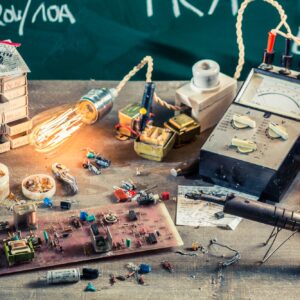 Electronics workshop in physics lab on old wooden table