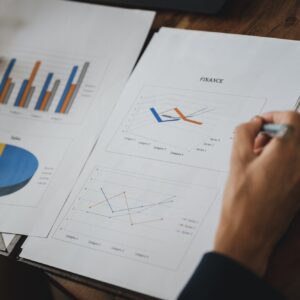 Over the shoulder view of a businesswoman reviewing business and economic report